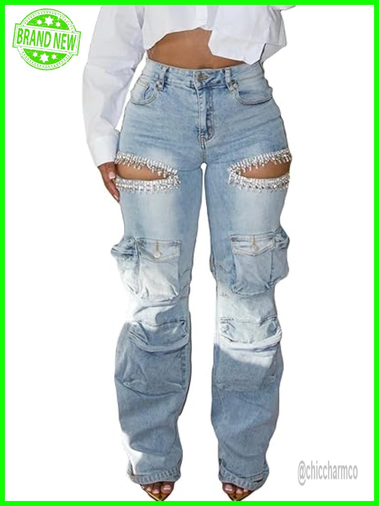 Y2k Rhinestone Cargo Jeans High Waisted Baggy Stretchy Flap Pockets